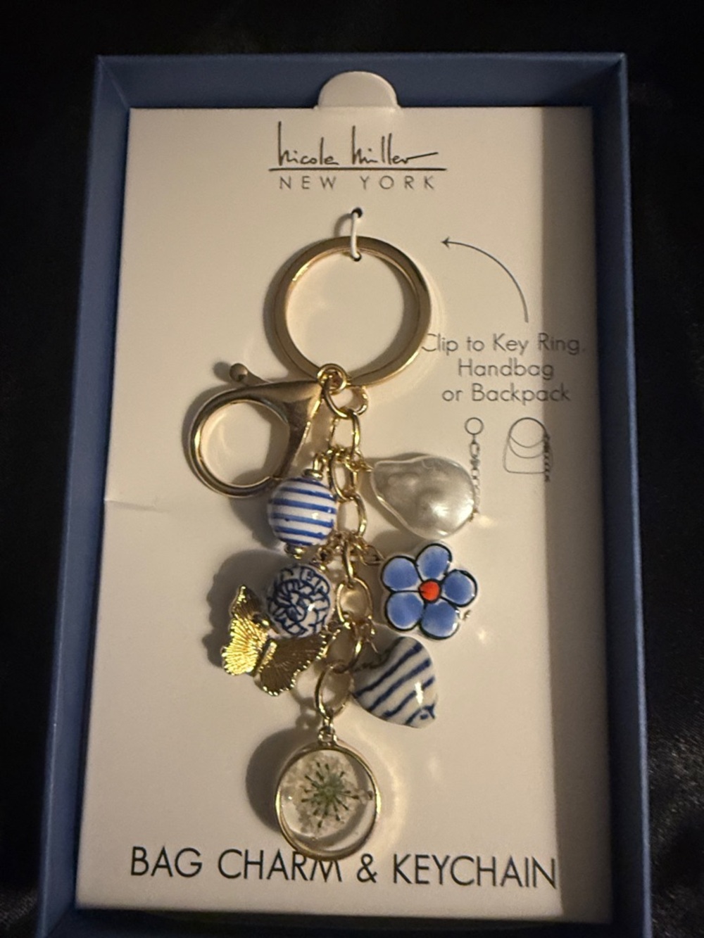 Nicole Miller Blue, White & Gold Floral Charm Keychain